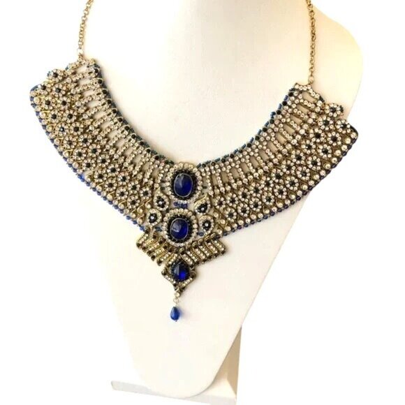 Gold & Blue Crystal Bib Necklace With Matching Chandelier Earrings Bridal - Picture 6 of 16